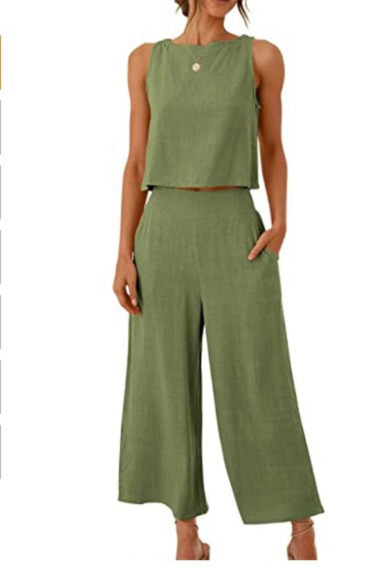 Sleeveless Vest Cropped Wide-leg Pants Suit