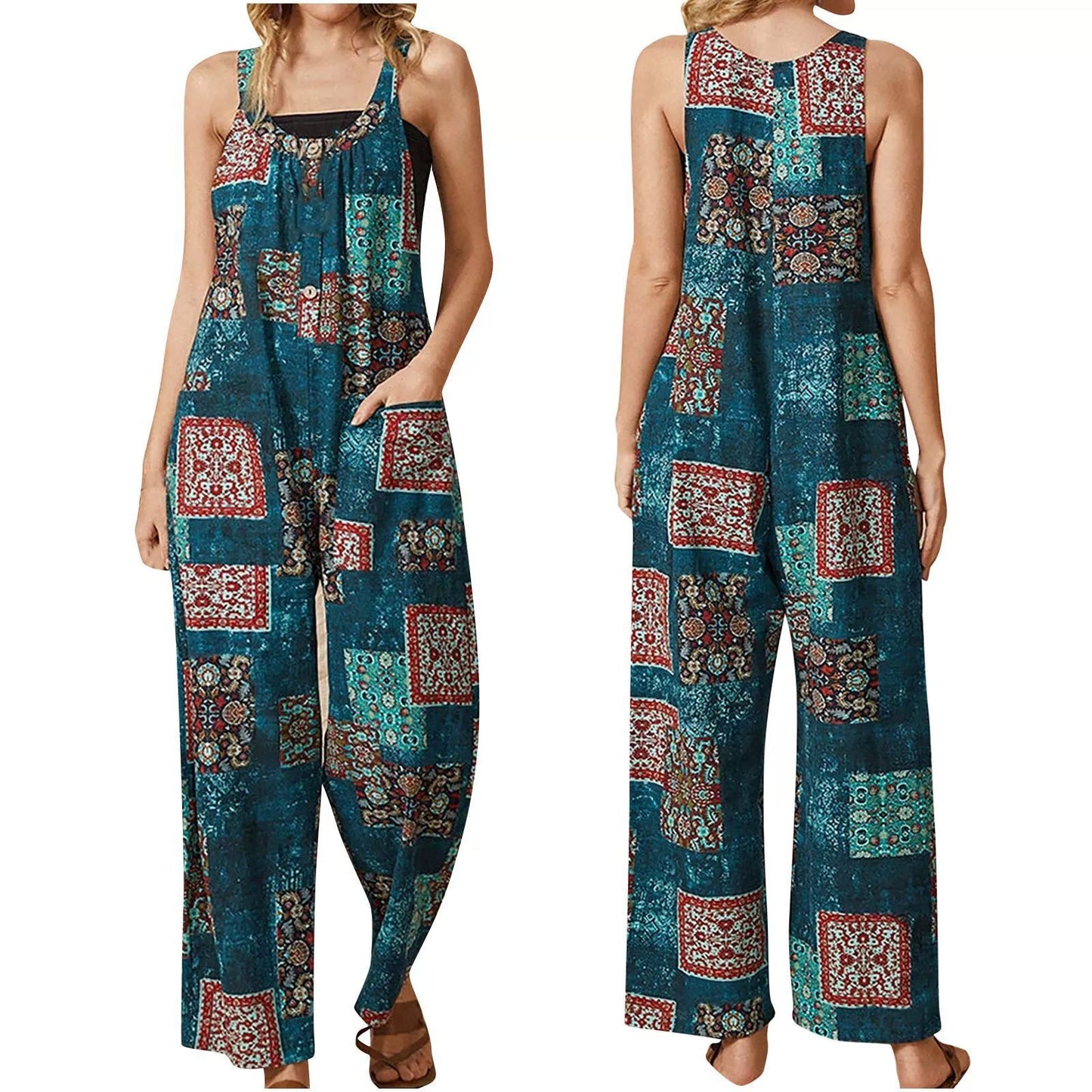 Women's Loose Vintage Print Jumpsuit