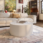 Light Sintered Stone Top Cylinder Shape Leather Coffee Modern Sofa Table For Living Room Furniture  Each Tabletop Has A Unique Gold Pattern