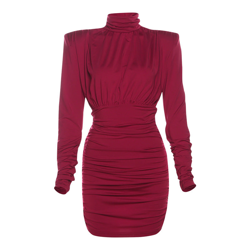 Temperament High Collar Pleated Waist Tight Sheath Dress