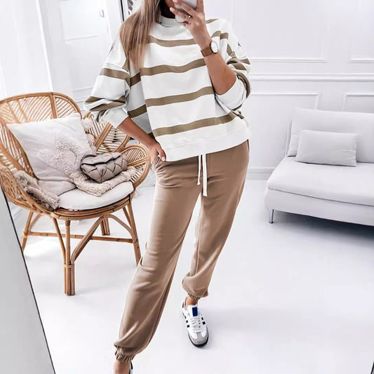 Casual Striped Sports Suit Women's Long-sleeved Sweater