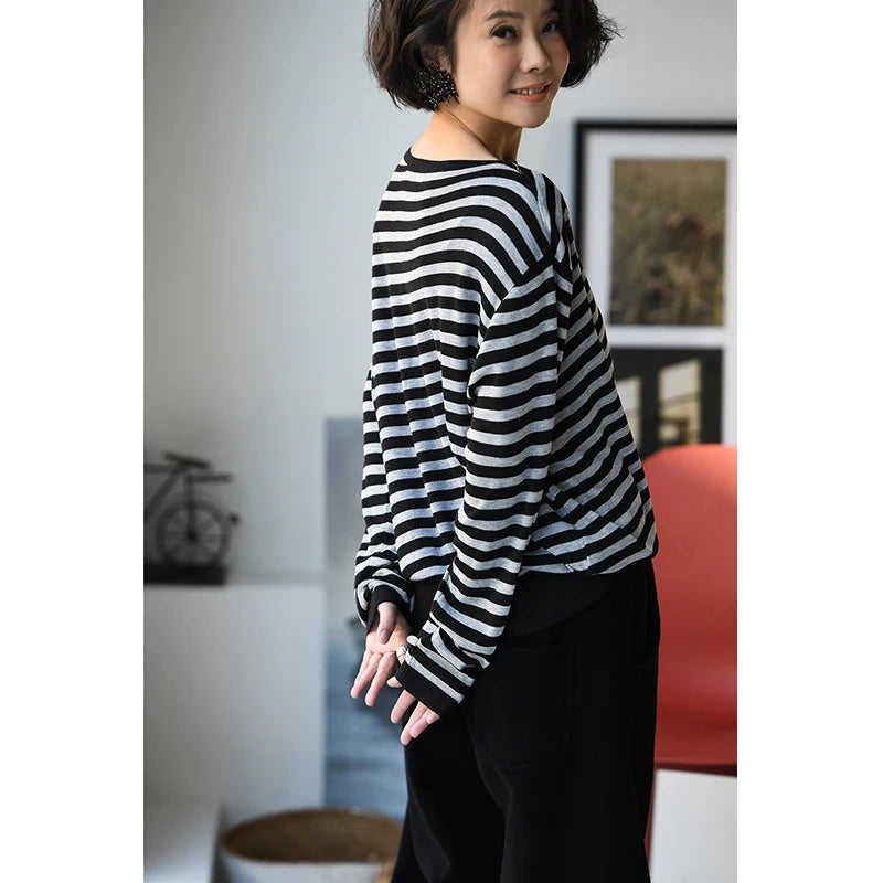 MICOCO Z2218C Art and art contracted stripe bump color loose show thin match one word get jumper