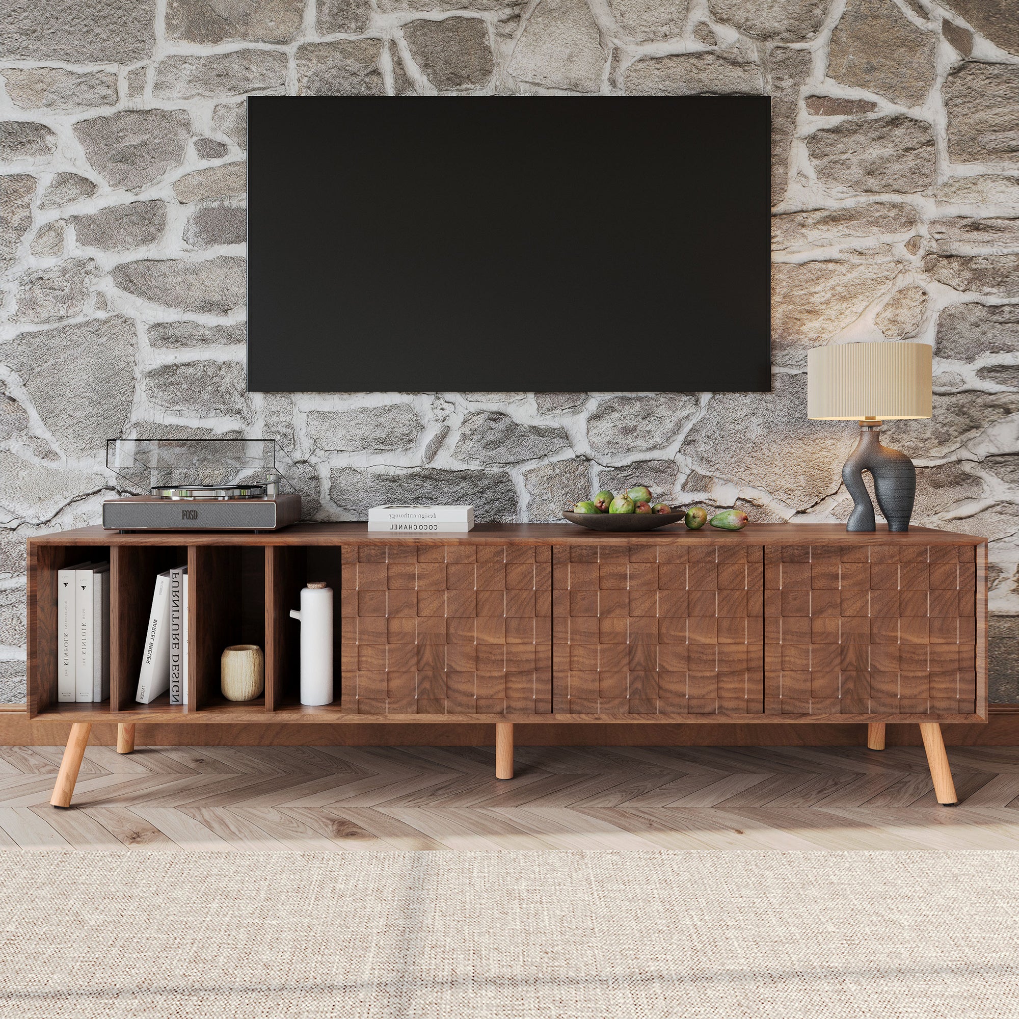 70 Mid-Century Modern TV Stand, Media Console Table For TVs Up To 80, Entertainment Center With 5 Solid Wood Legs For Living Room, Bedroom