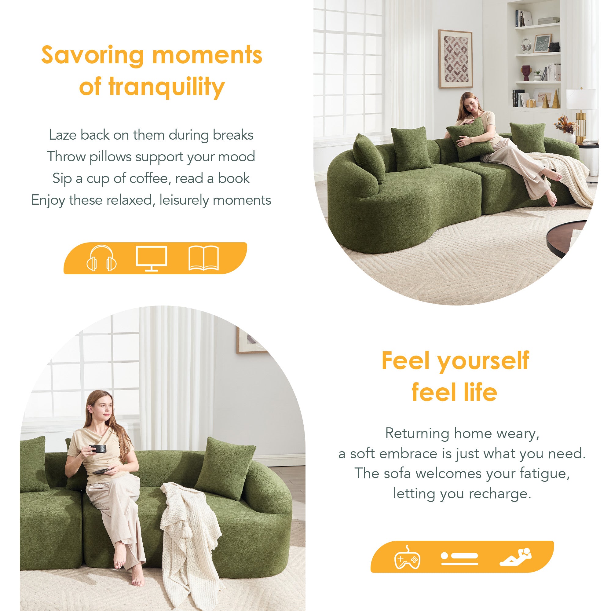 Curved Boneless Sofa Compression Modular 110'' Sectional Green High-Density Couches Sleeper For Living Room Bedroom Apartment Lounge Chenille