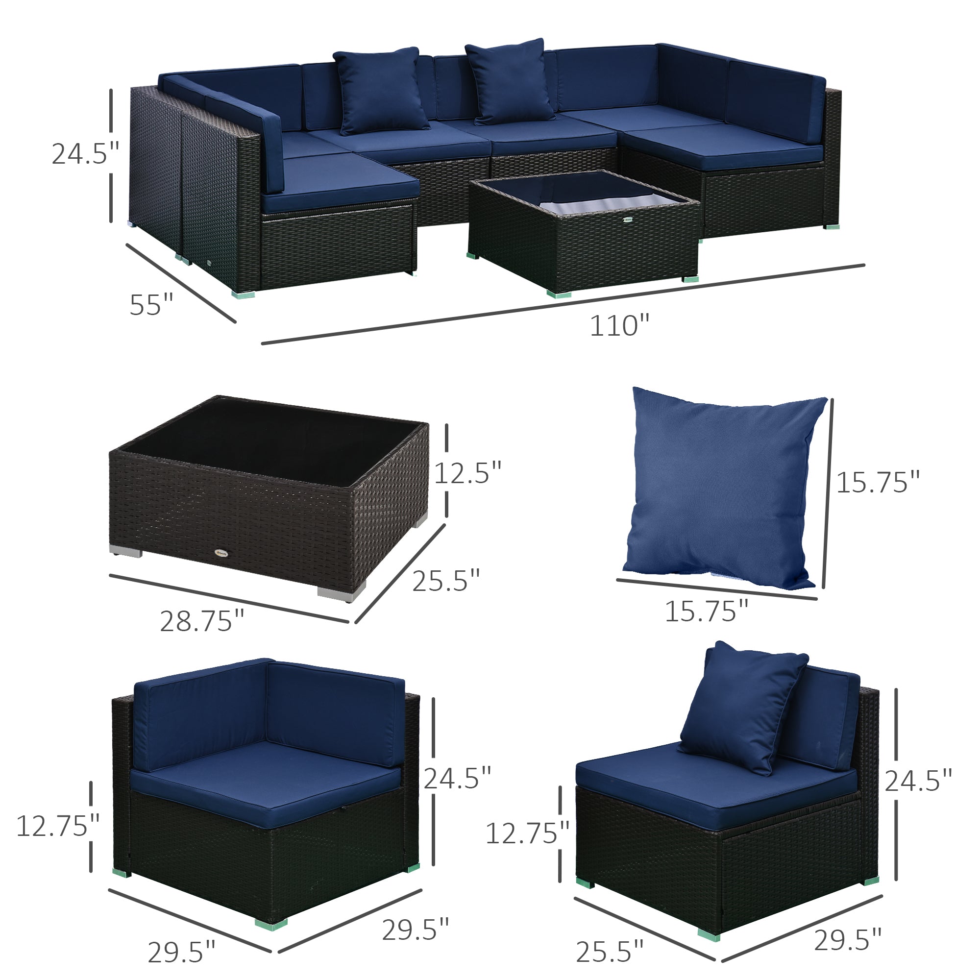 7-Piece Outdoor Wicker Patio Set, Tempered Glass Coffee Table, Cushions, for Family Backyard, Dark Blue