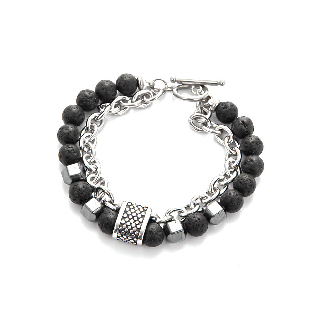 Natural Stone Frosted Bead Chain Beaded Titanium Steel Bracelet