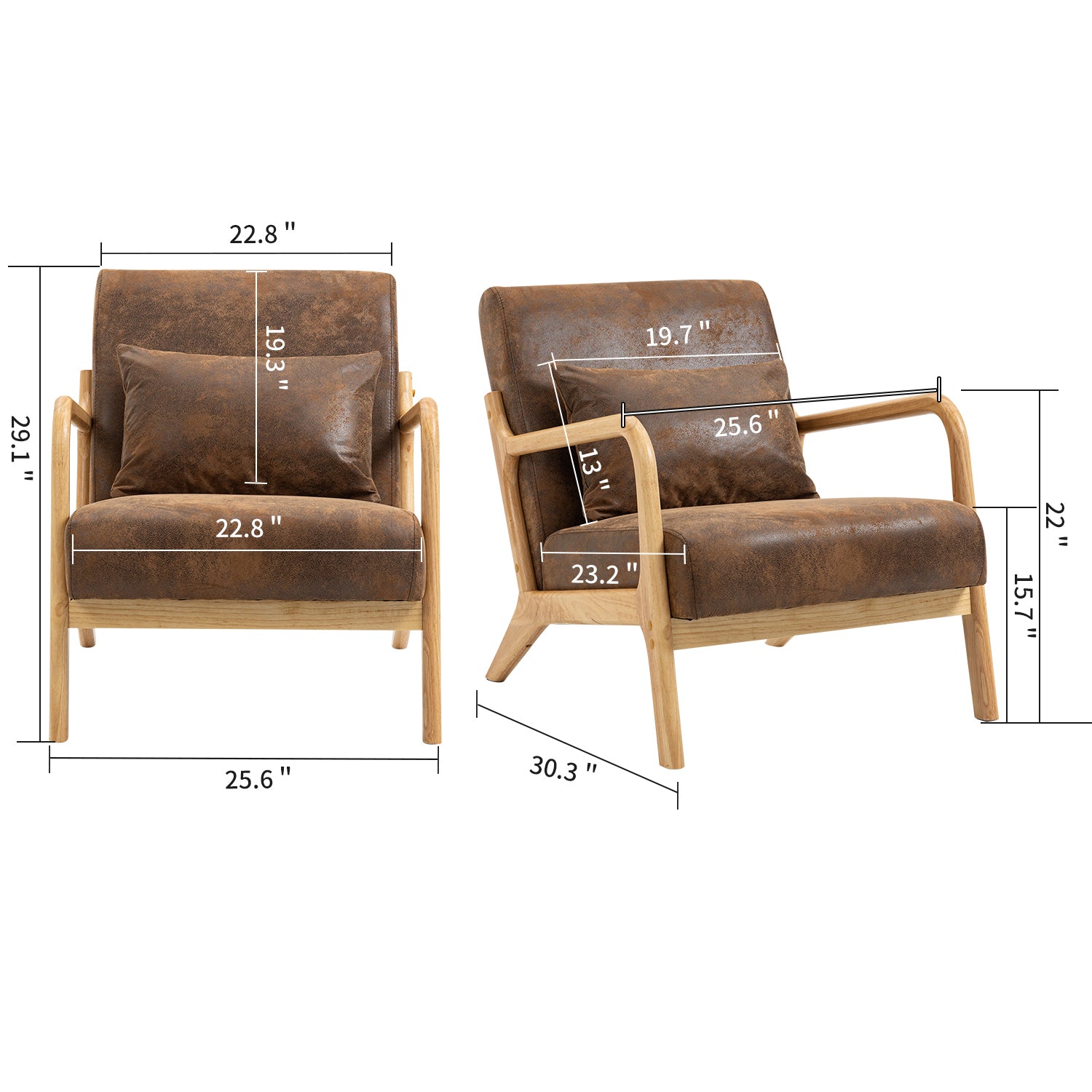 Mid Century Modern Accent Chair With Wood Frame, Upholstered Living Room Chairs With Waist Cushion, Reading Armchair For Bedroom Sunroom