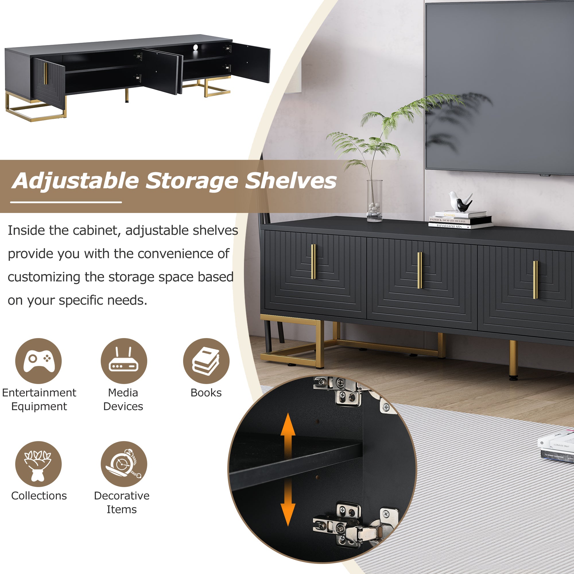 ON-TREND Modern TV Stand With Metal Legs And Gold Handles For TVs Up To 80'', Media Console Table With Cabinets And Adjustable Shelves, Luxury TV Cabinet With Geometric Lines For Living Room, Black