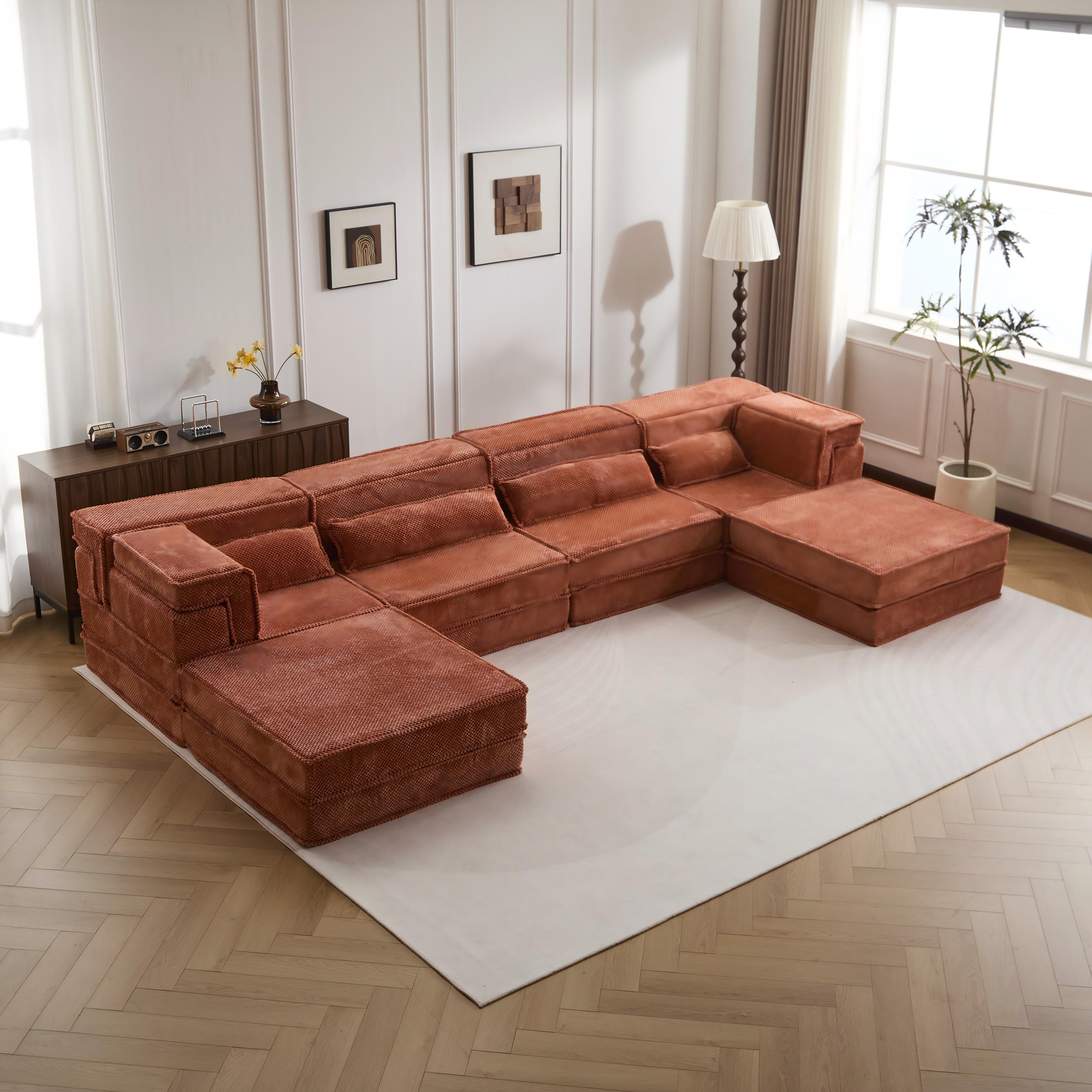 Compression Mahjong Sofa,Convertible Floor Sofa Bed,DIY Boneless Modular Sectional Sofa,No Assembly Required,Circle Fleece Fabric,Oversized 4 Seater With 2 Ottoman,Orange