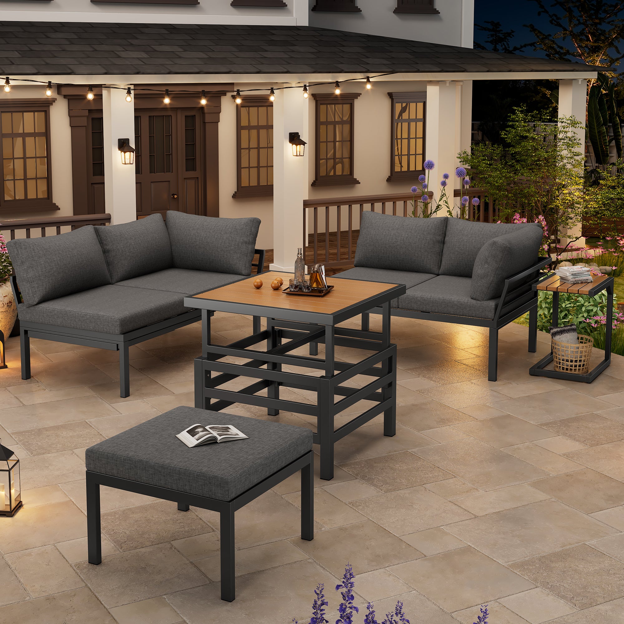 Outdoor Patio Furniture Set  2 Double Sofas  1 Ottoman , 1 Plastic Lift-Top Coffee Table, Galvanized Iron Frame, With Seat Cushions & Pillows, Includes Small Side Table With Extendable Tabletop
