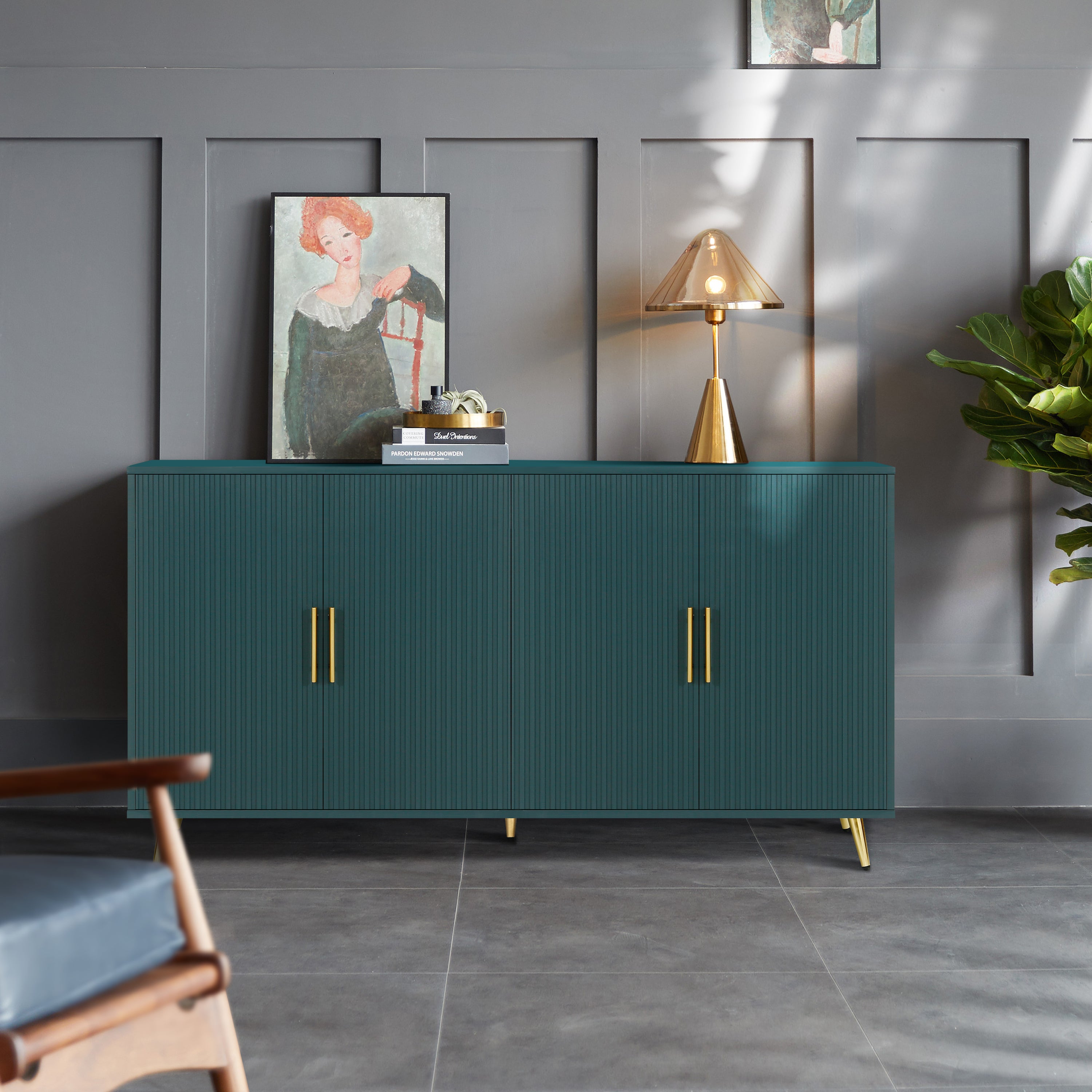 Wood TV Stand With Storage Cabinet & Adjustable Shelves, Media TV Console For Living Room Bedroom Navy Blue