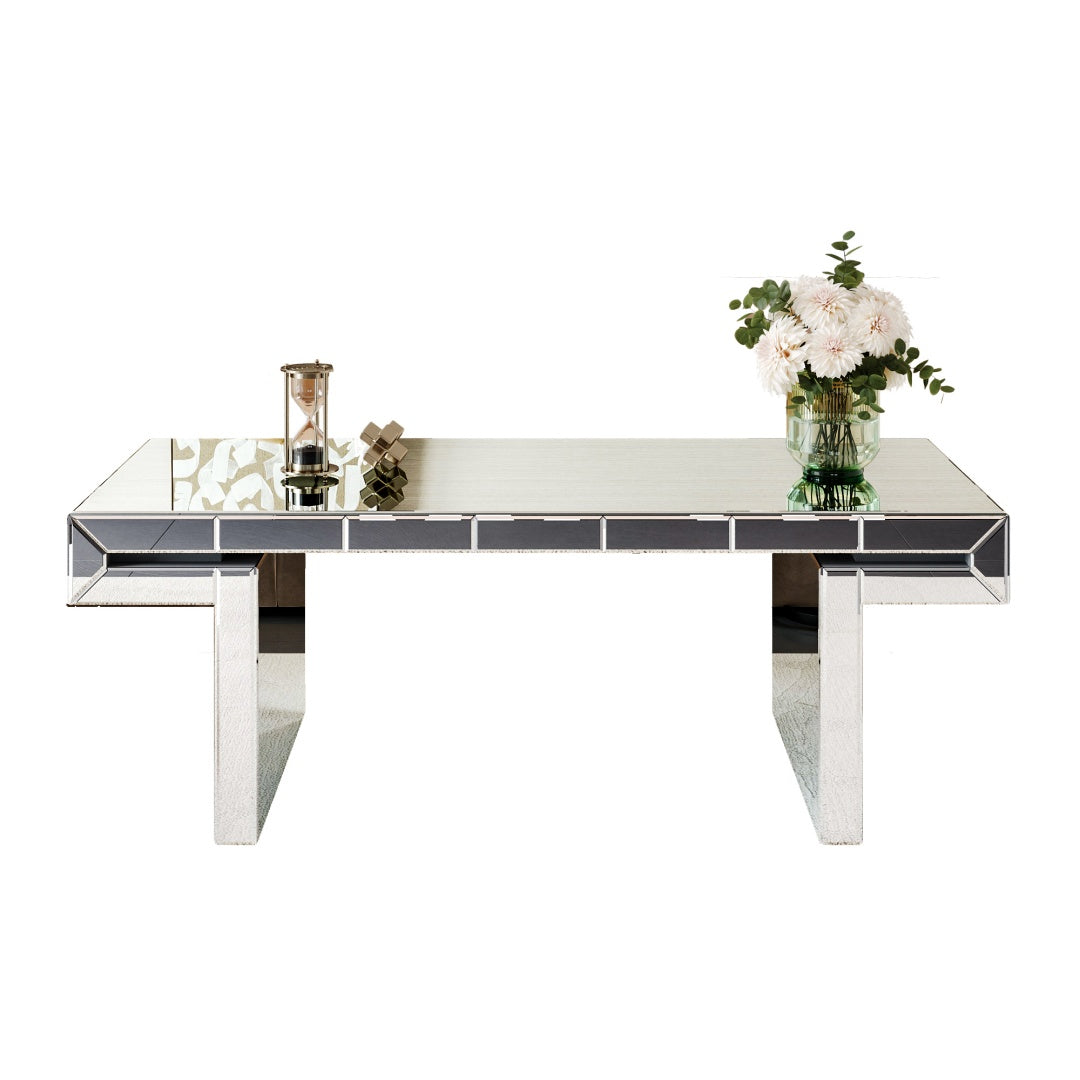 47 Inches Luxury Rectangular Mirror Coffee Table With Fluted Tempered Glass, Modern Sofa Side Table, Easy 2-Step Assembly, Light Luxury Style, Reinforced Packaging