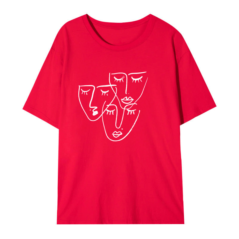 Women's Loose Printed T-shirt With Characteristic Line Face Mask