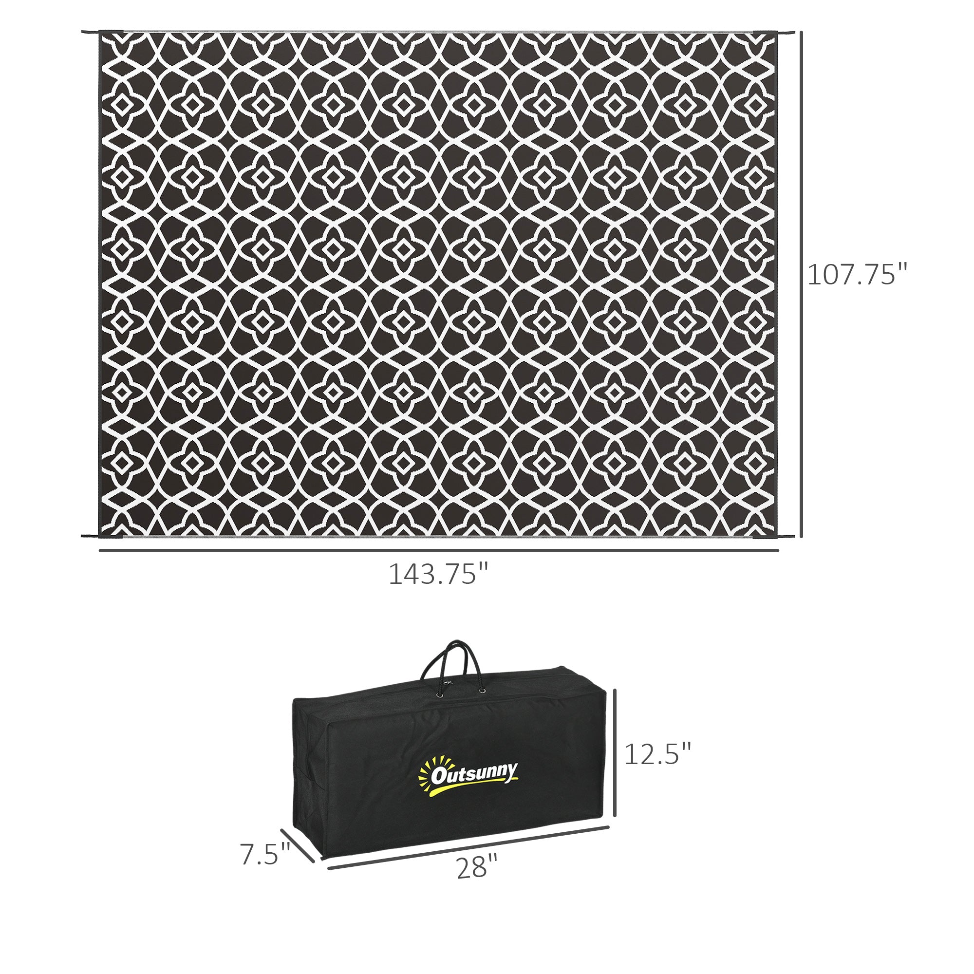 Reversible Outdoor Rug Carpet RV Camping Rugs With Carry Bag, 9' X 12', Black & White Clover