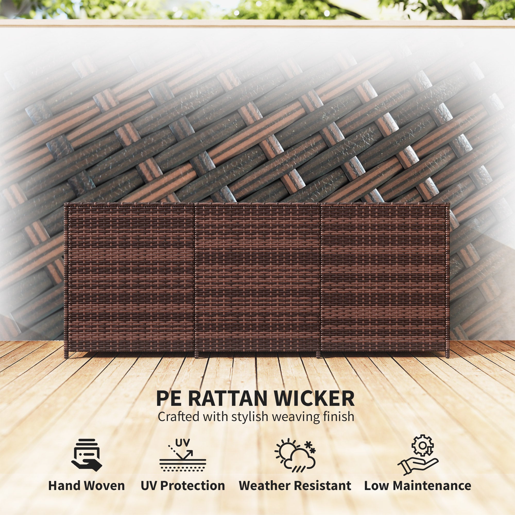 175 Gallon Outdoor Storage Box with Inner Liner, PE Rattan Wicker Deck Box with Pneumatic Bar Lift, Mixed Brown