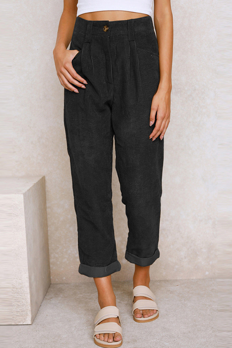 New Women's High Waist Pure Color Corduroy Casual Pants