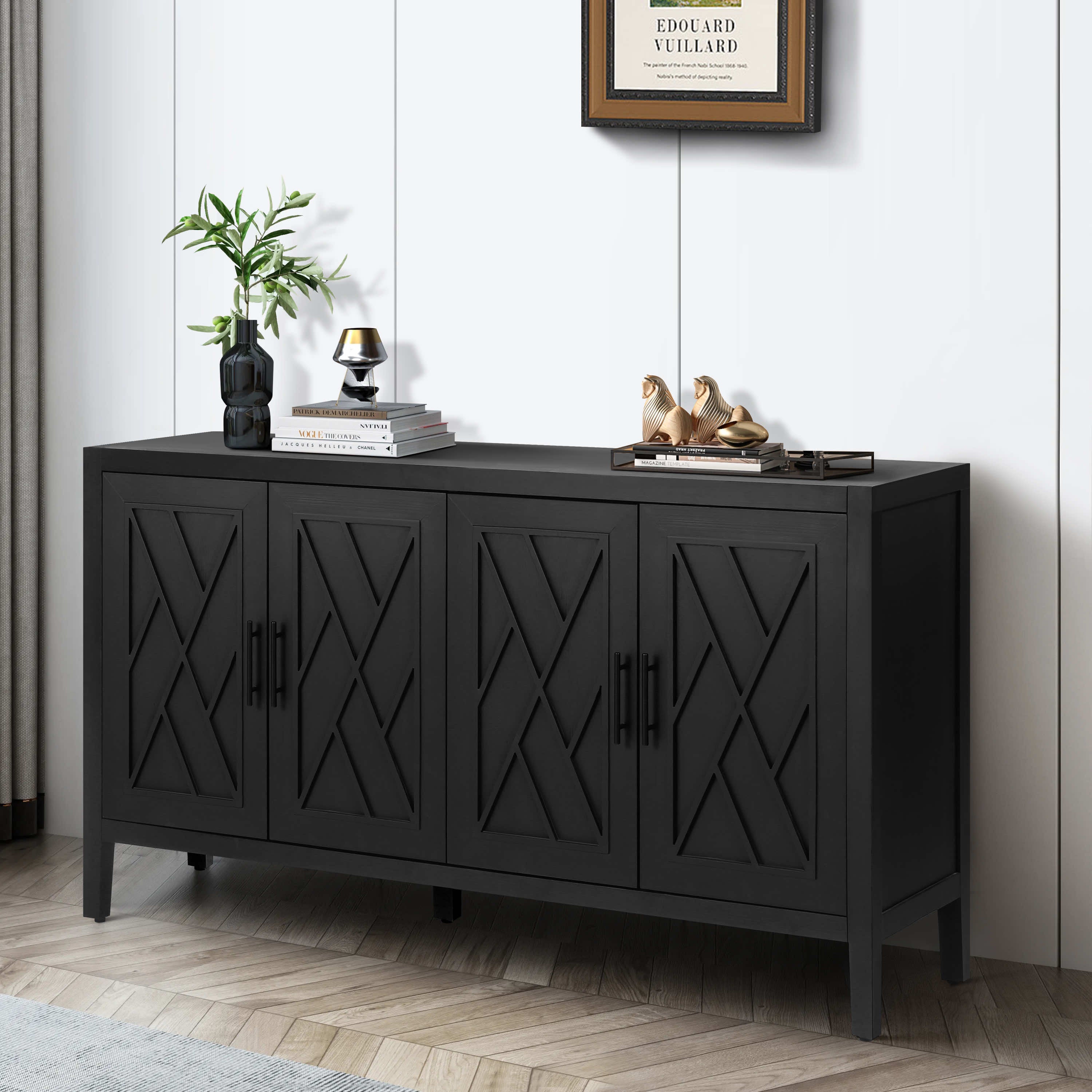 60 Inches Modern Farmhouse Accent Cabinet With 4 Doors And Adjustable Shelf Wood Sideboard Buffet Cabinet Console Table Credenza Buffet Table For Kitchen Dining Room Entryway Hallway Antique Black