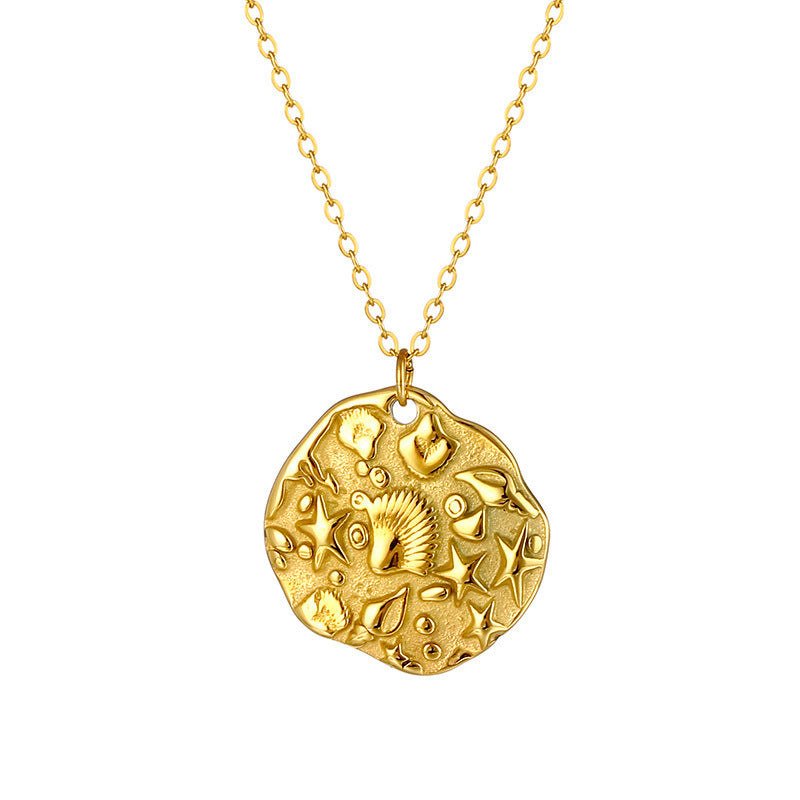 Niche Design High-grade Golden, Round Coin Embossed Necklace For Women