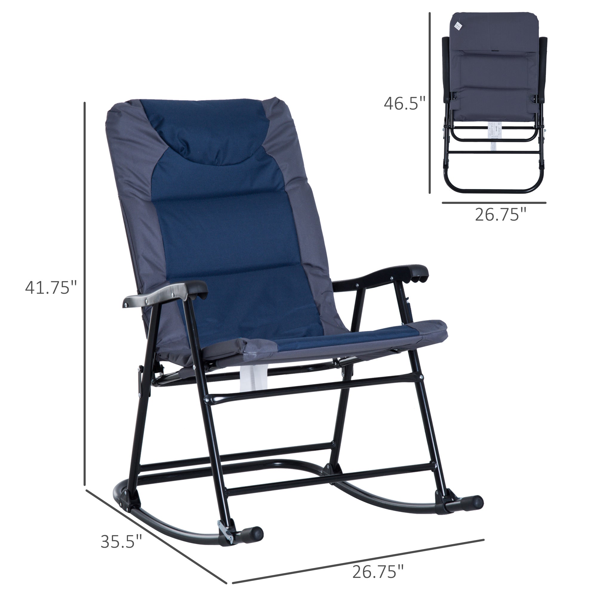 2 Piece Outdoor Patio Furniture Set With 2 Folding Padded Rocking Chairs, Bistro Style For Porch, Camping, Balcony, Navy Blue
