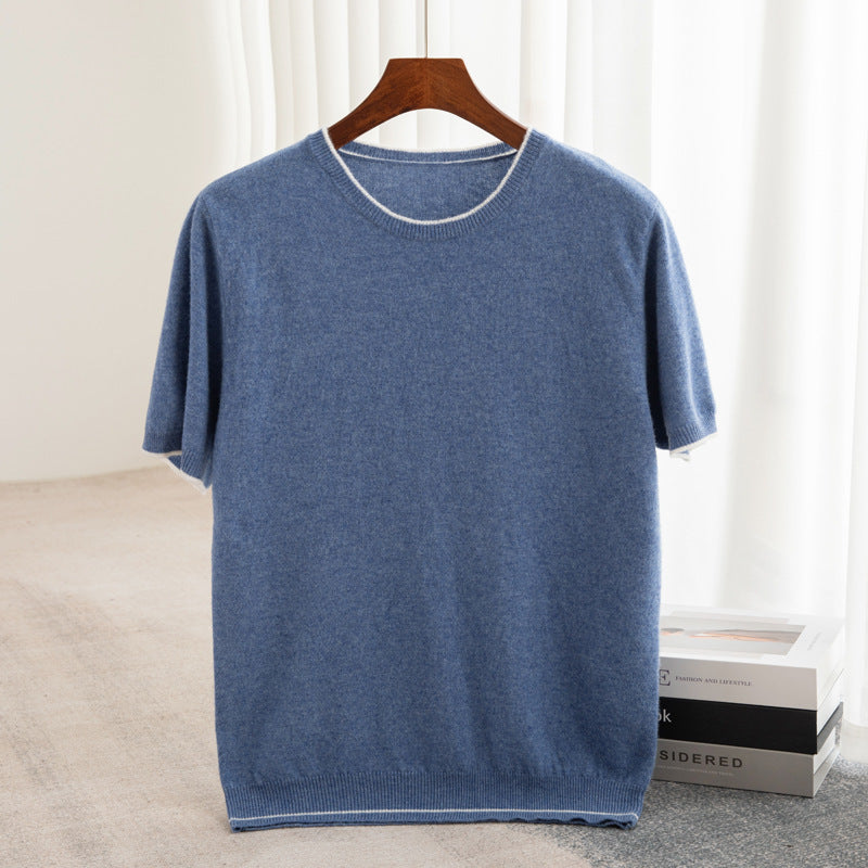 Pure Wool Half Sleeve Men's Color-block Crew Neck Knitted Short Sleeve