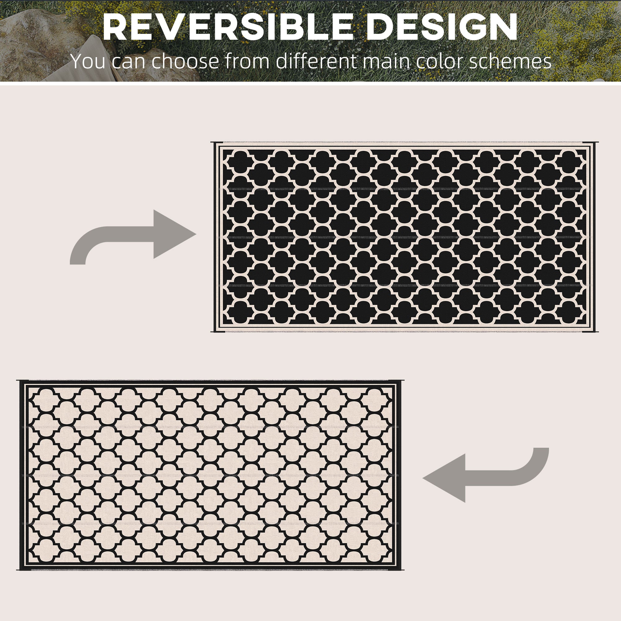 Reversible Outdoor Rug, 9' x 18' Waterproof Plastic Straw Floor Mat, Portable RV Camping Carpet, Large Floor Mat for Deck, Backyard, Picnic, Beach, Black & Beige