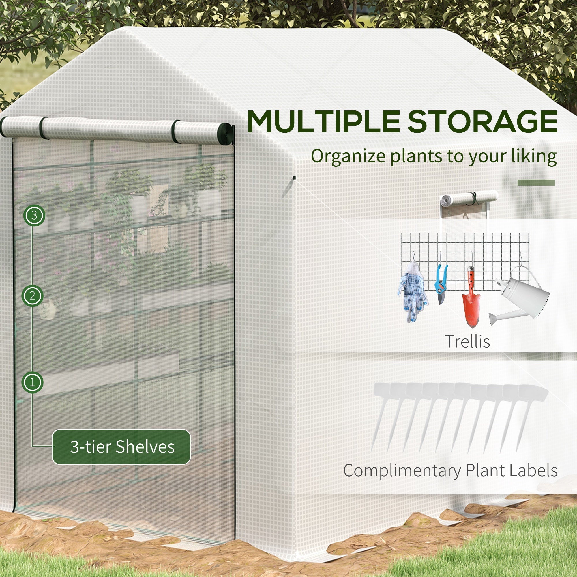 8' x 6' x 7' Portable Walk in Greenhouse with Mesh, Door, Windows, 18 Shelf, Trellis, Plant Labels, White