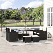 9 Pieces Outdoor Dining Set for 8, Space Saving Wicker Chairs and Square Glass Table with Cushions and Ottomans, Rattan Conversation Patio Furniture Set for Garden, Black/Cream White