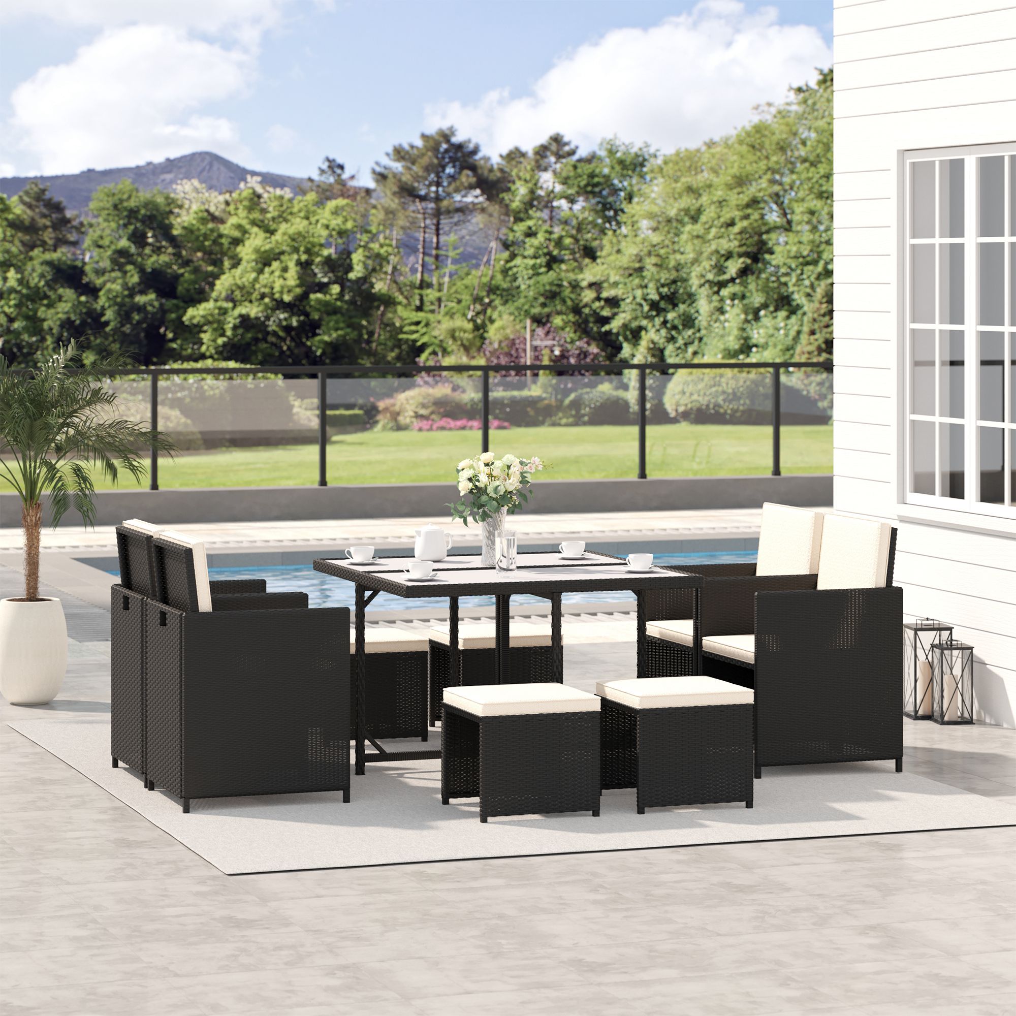 9 Pieces Outdoor Dining Set for 8, Space Saving Wicker Chairs and Square Glass Table with Cushions and Ottomans, Rattan Conversation Patio Furniture Set for Garden, Black/Cream White