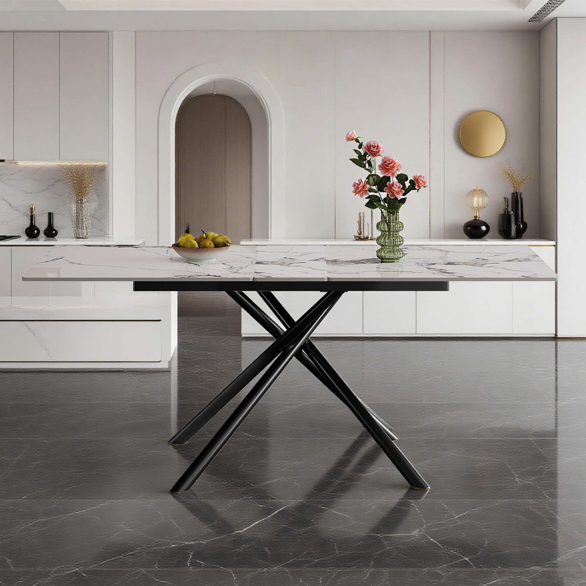 59-inch Modern Rectangle Expandable Dining Table With Retractable Leaf  Sintered Stone Top & Black Carbon Steel X-Base  Sturdy 4-6 Person Table For Small Apartments  Kitchen  Dining Room