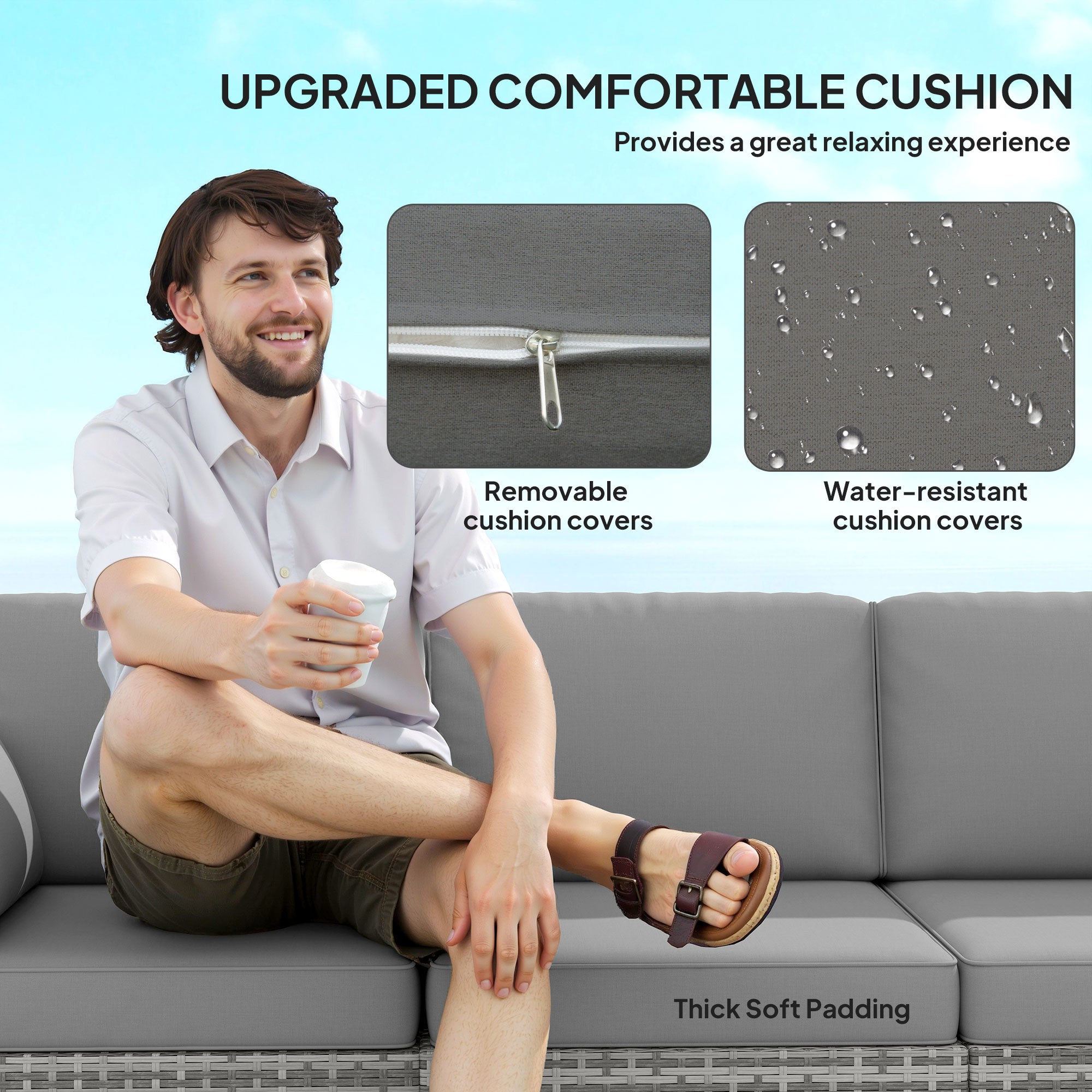 Patio Couch PE Wicker Deep Seating Outdoor Sofa with Removable Cushions, 3 Seater Rattan Sofa, Outdoor Furniture for Balcony, Deck, Garden and Poolside, Gray