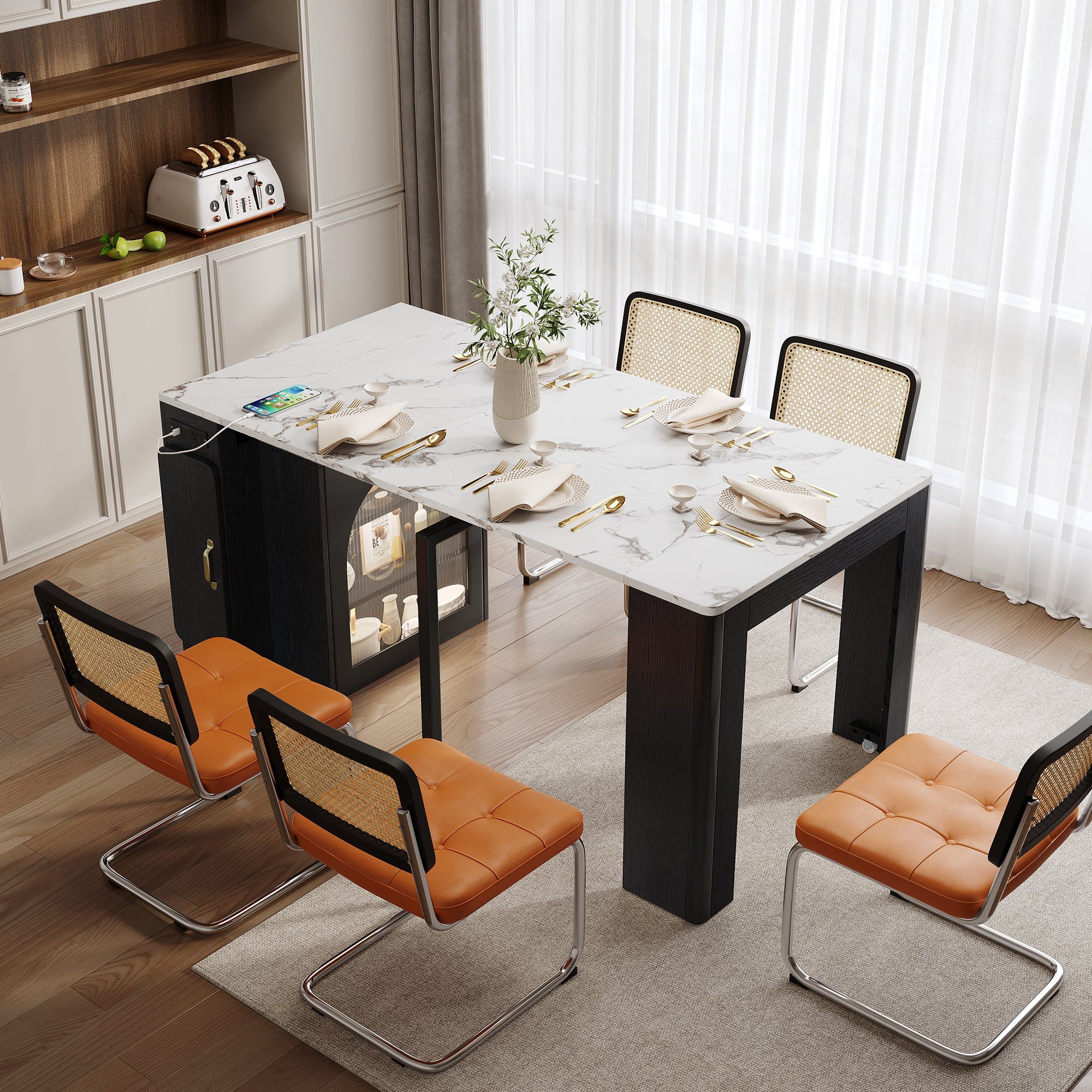 TREXM Extendable Dining Table With 3 Removable Middle Leaves  Mobile Rolling Island Table With Power Outlet  Saving-space Cabinet With Storage For Dining Room And Living Room  BLACK AND MARBLE WHITE