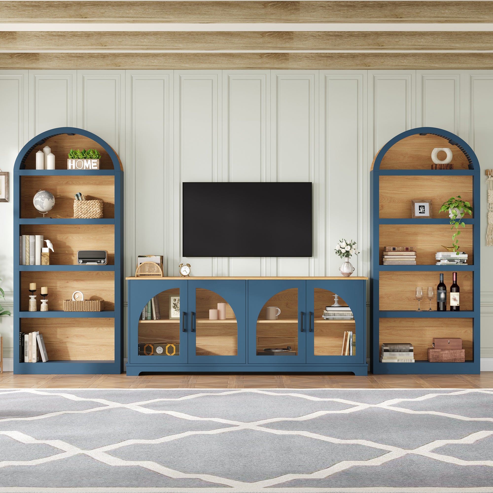 3-Piece Retro TV Stand Set With Bookshelf For TVs Up To 70, Two-Tone Wood Grain Entertainment Center With Arched Design, Farmhouse Sideboard With Tempered Glass Doors For Living Room, Blue Natural