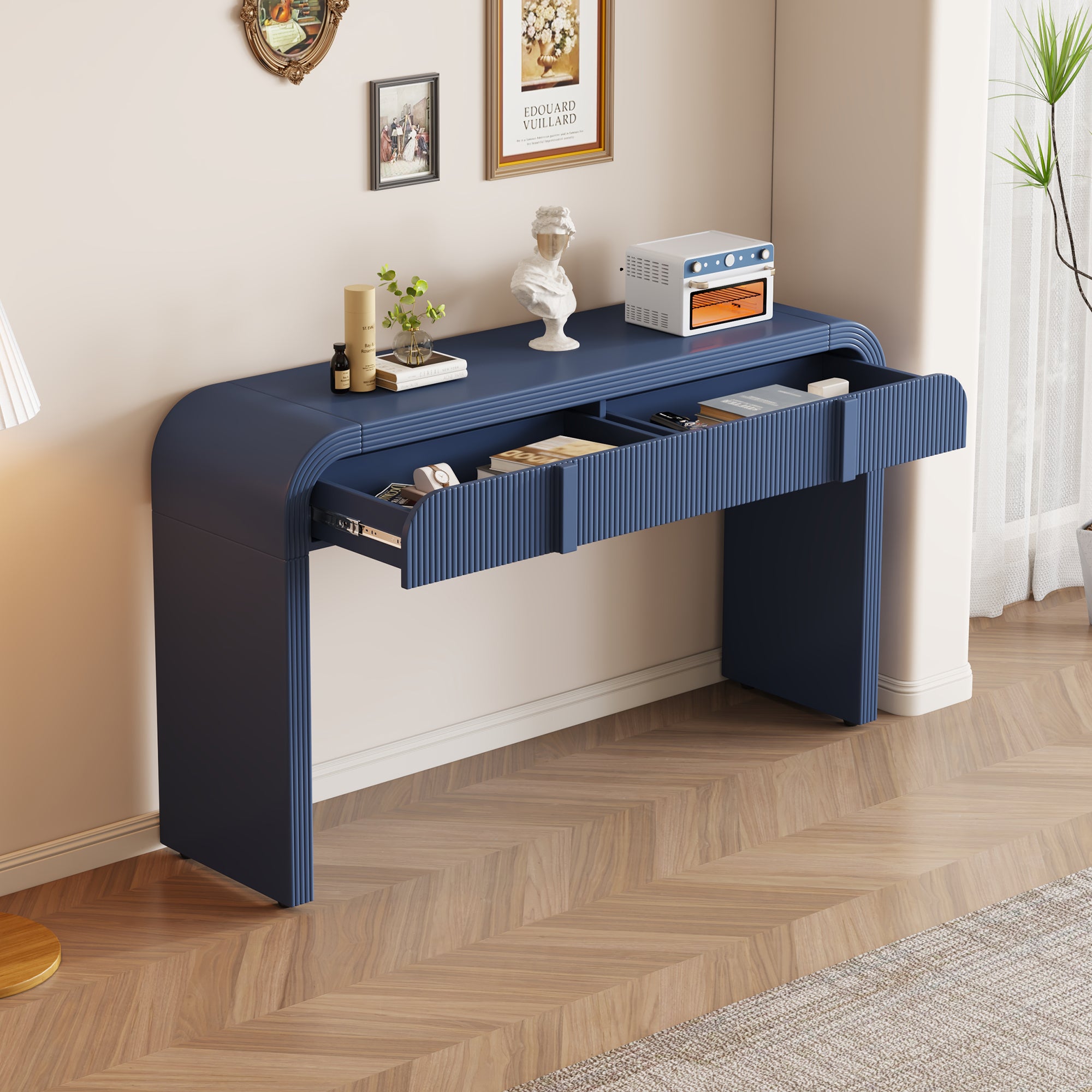 TREXM Modern Console Table With 2 Storage Drawers  Fluted Entryway Table With Rounded Silhouette For Hallway Living Room And Entryway  Navy Blue