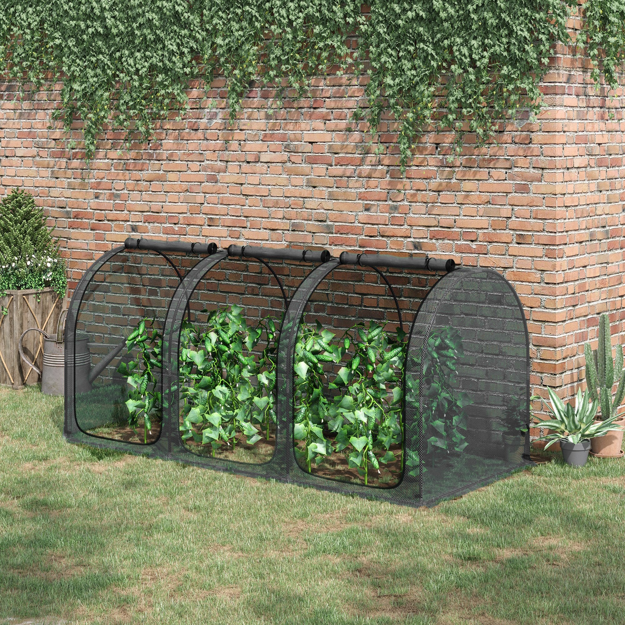 9' x 4' Crop Cage, Plant Protection Tent with Three Zippered Doors, Storage Bag and 4 Ground Stakes, for Garden, Yard, Lawn, Black