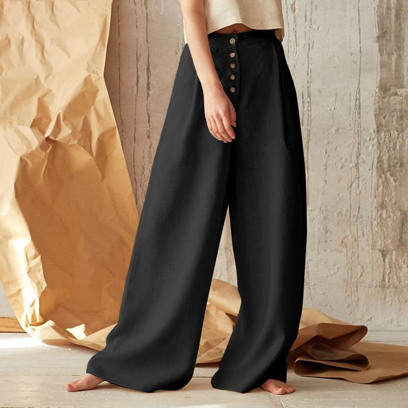 TrousersLadies' Solid High Waist Casual Button Cotton And Linen Wide Leg Trousers