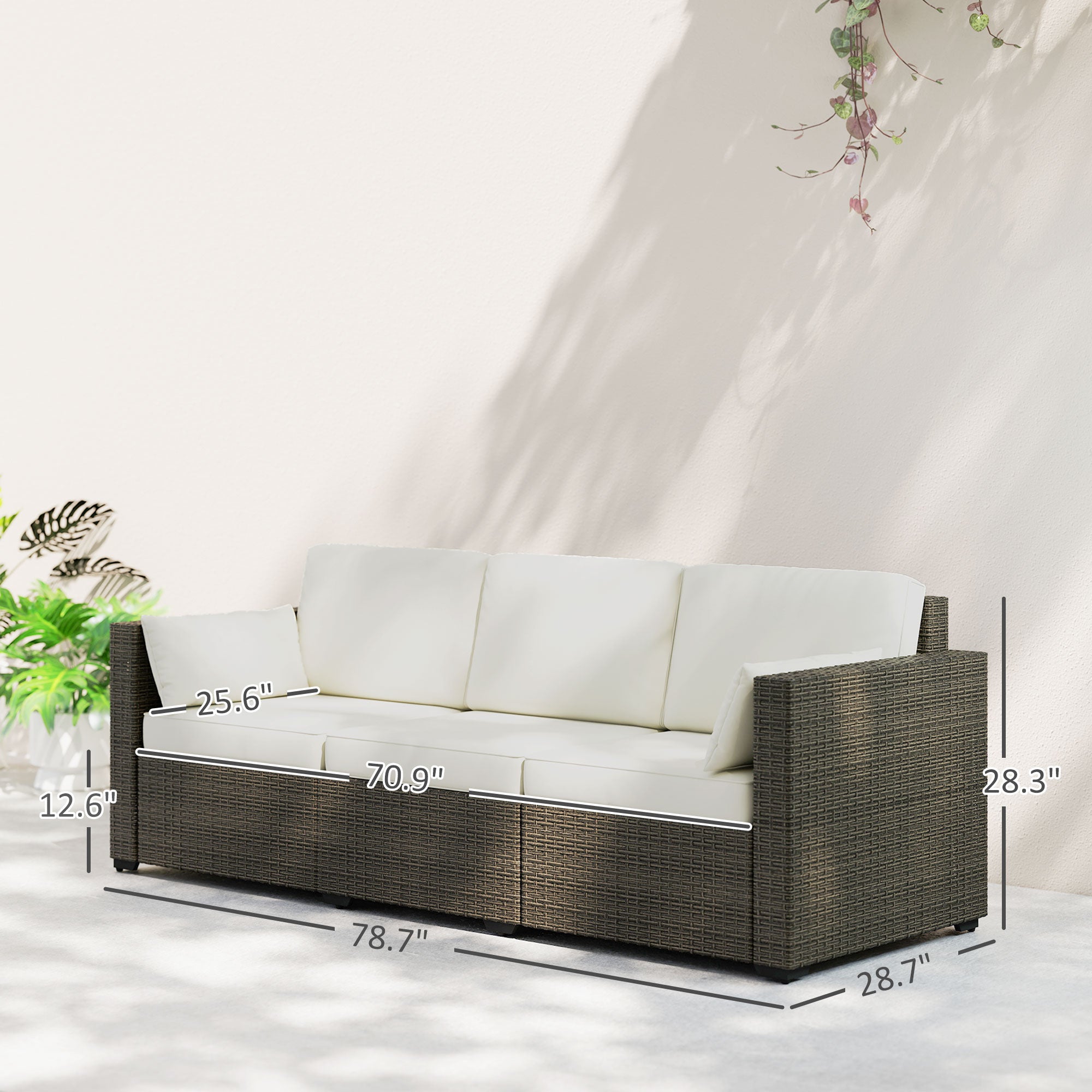 Patio Couch PE Wicker Deep Seating Outdoor Sofa with Removable Cushions, 3 Seater Rattan Sofa, Outdoor Furniture for Balcony, Deck, Garden and Poolside, Cream White