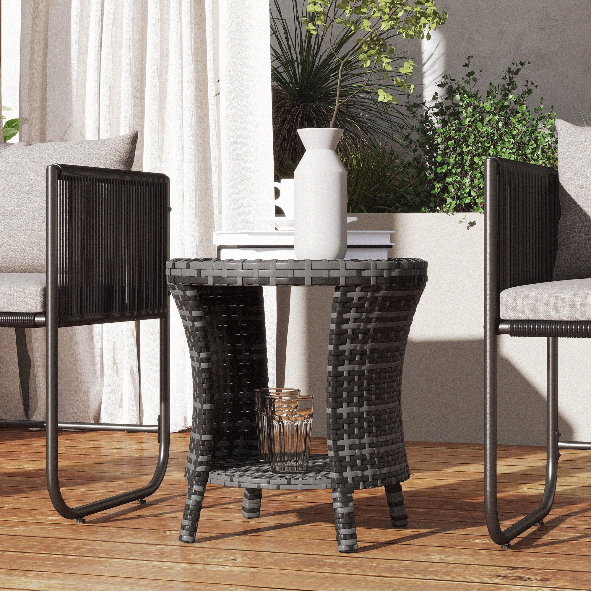 18" Wicker Outdoor Coffee Table, PE Rattan Patio Side Table with 2-Tier Storage, Composite Wood Top, Gray