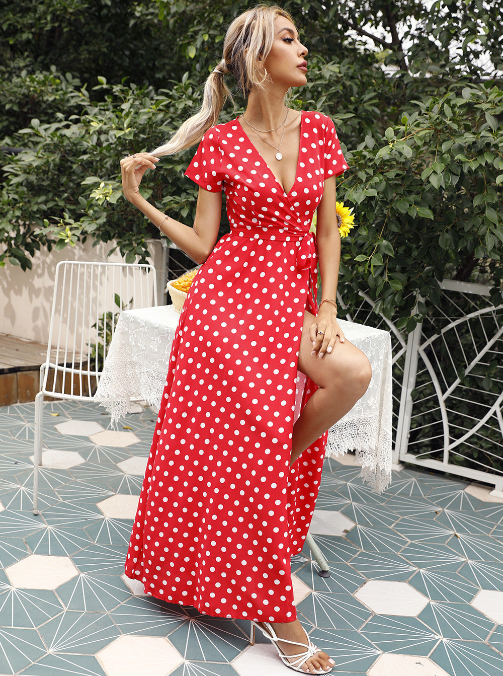 Summer Waist Trimming Short-sleeved Polka Dot Split Dress Women