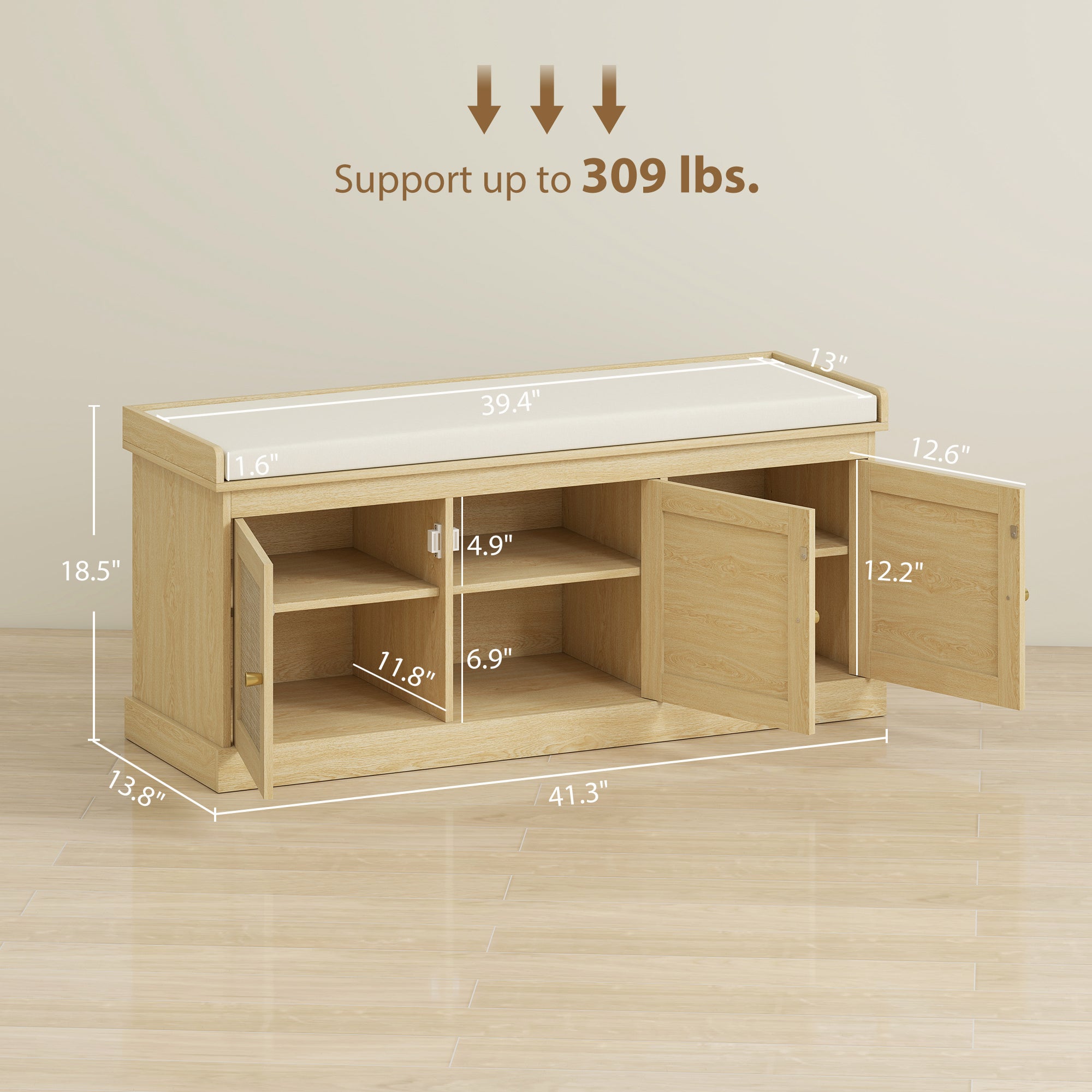 Shoe Storage Bench With Woven Rattan Doors, Shoe Bench