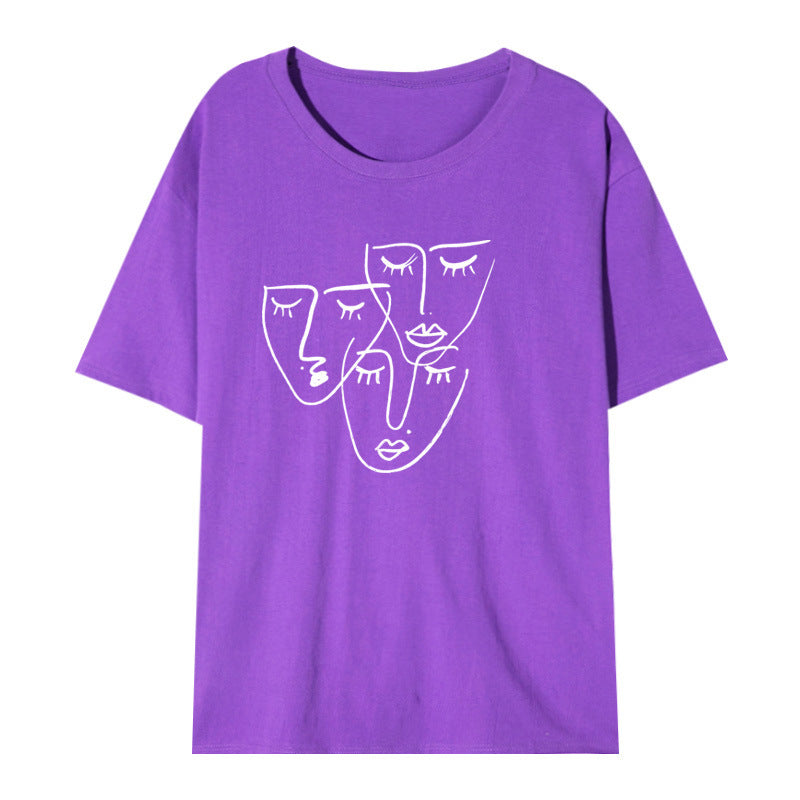 Women's Loose Printed T-shirt With Characteristic Line Face Mask