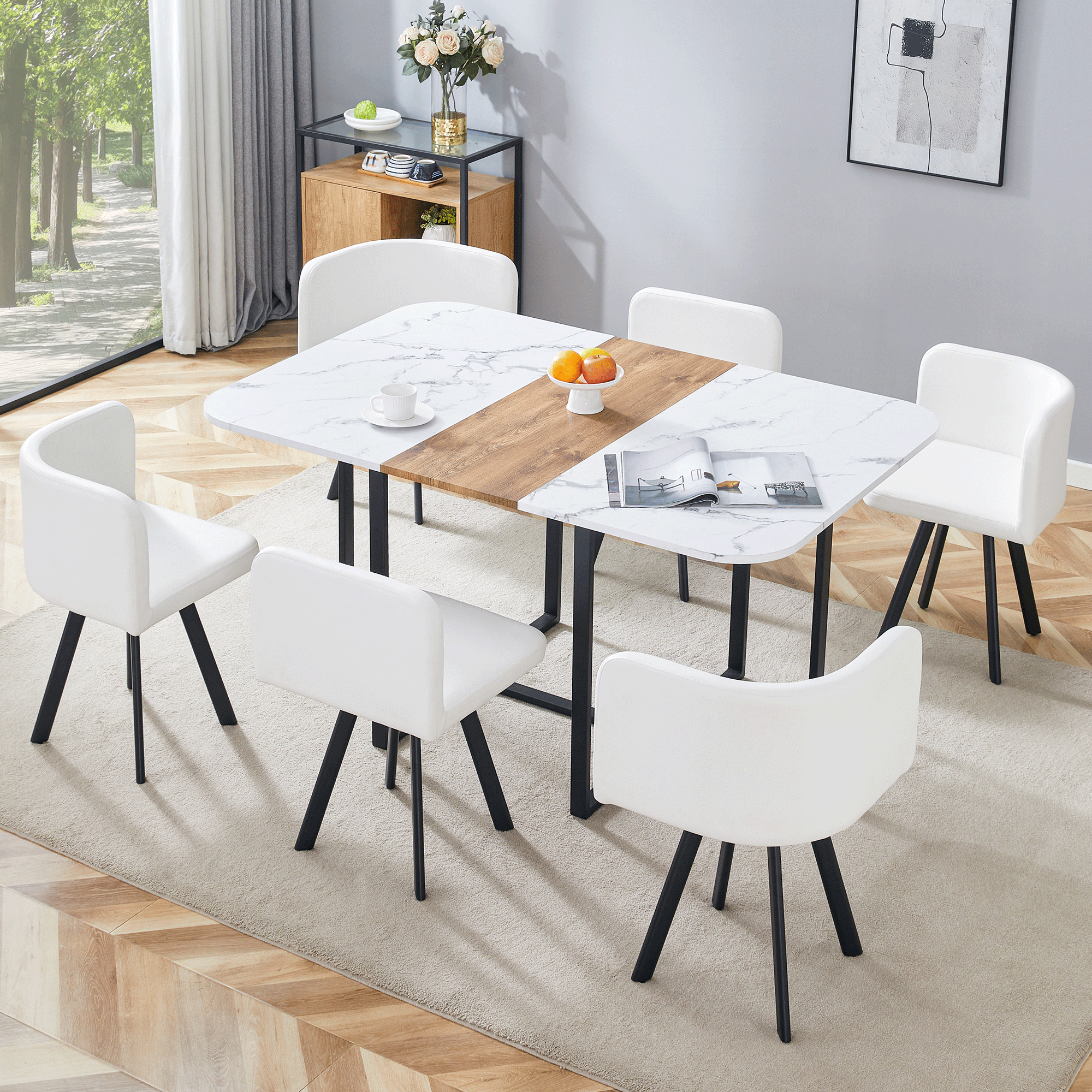 Modern Minimalist Style MDF Marble Pattern Joinery Dining Table With PU Leather Dining Chairs Six Piece Set, Suitable For Modern Minimalist, Nordic, Or Industrial Styles.