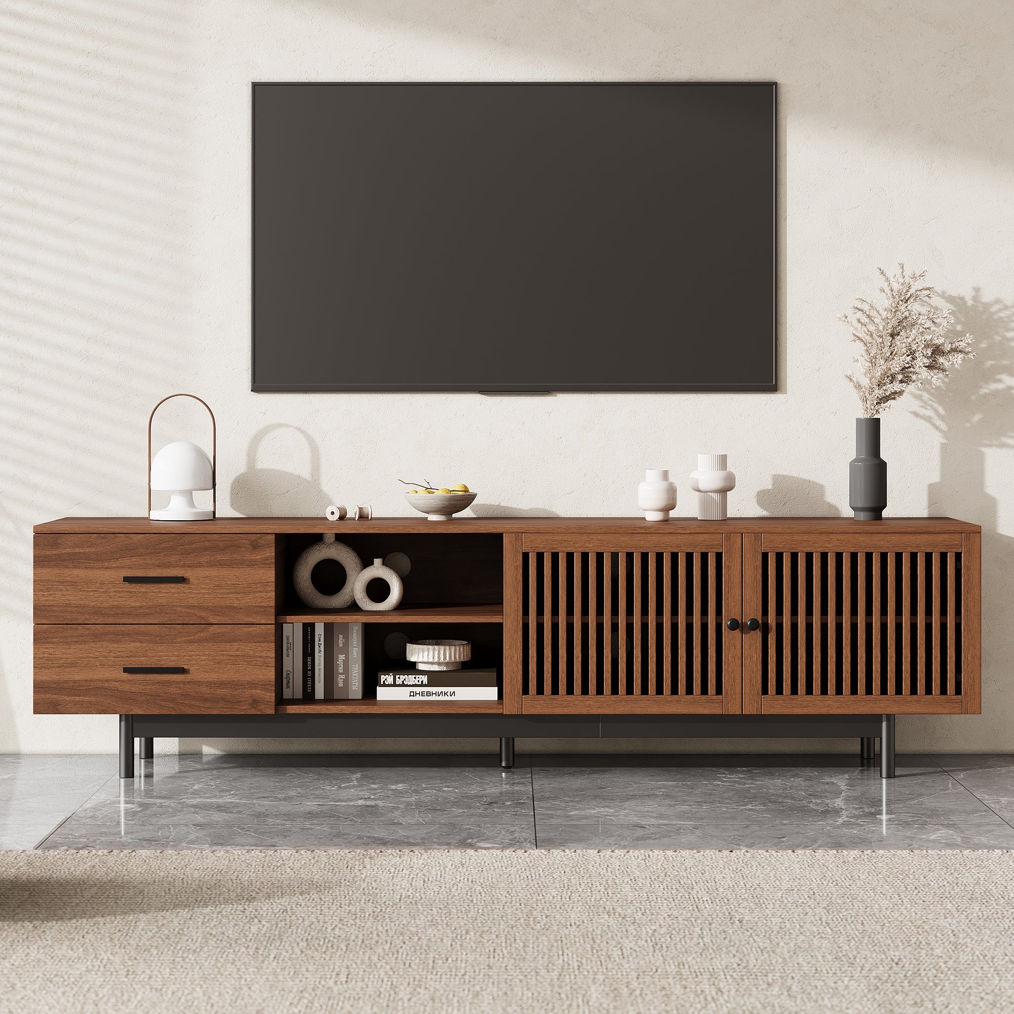 78 Inch Modern TV Stand For TVs Up To 85, Entertainment Center With Deep Drawers & Cable Management, Soft-Closing Hinges, Solid Wood Legs For Living Room