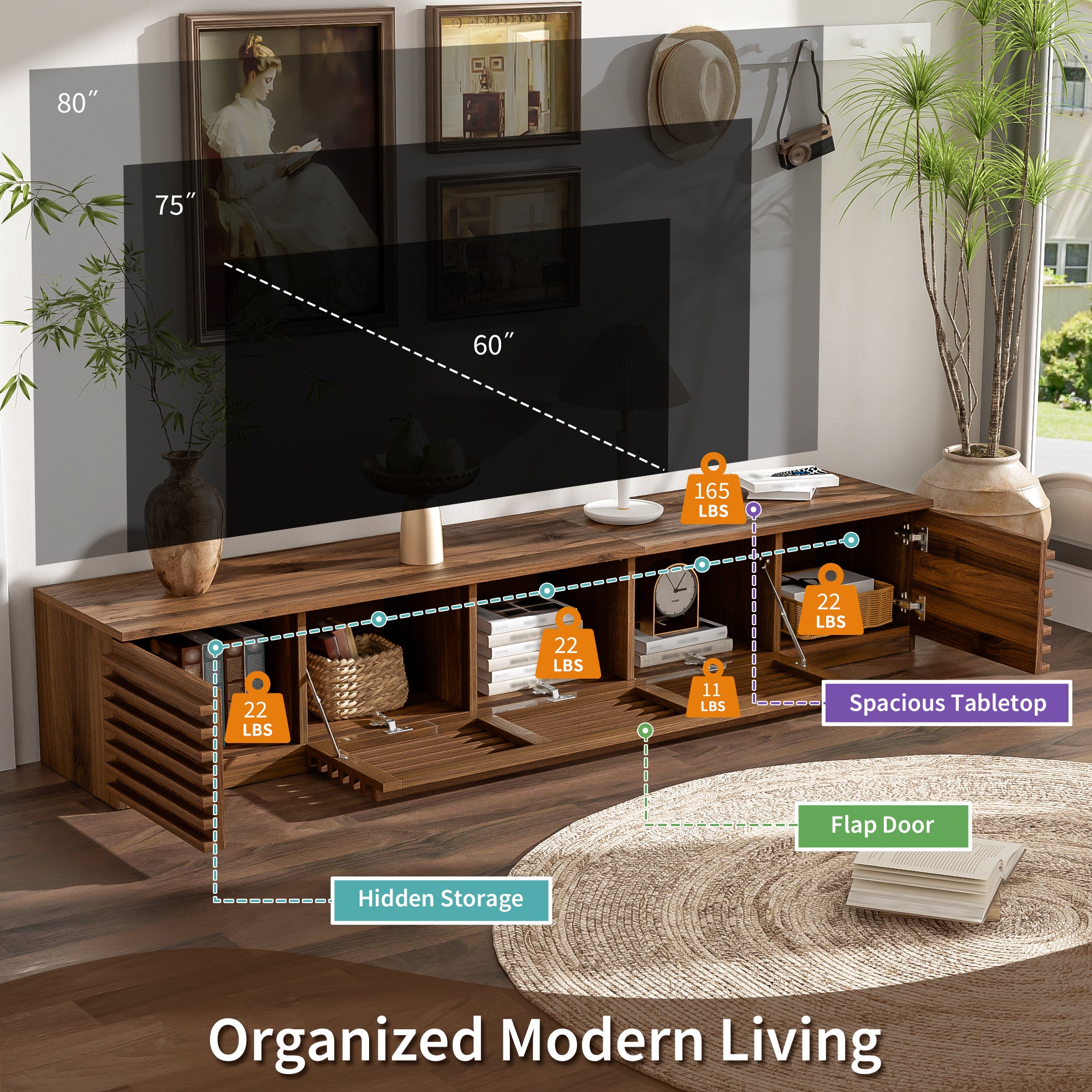 70 Inch Modern TV Stand For TVs Up To 80, Entertainment Center With Cable Management, Soft-Closing Hinges For Living Room