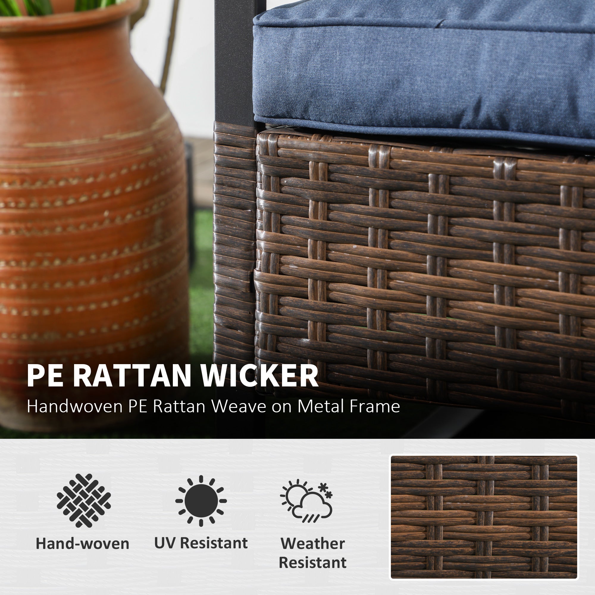3 Piece Rocking Patio Wicker Set, Outdoor Rocking Chairs, Patio Coffee Set for Garden, Family Use, Dark Blue