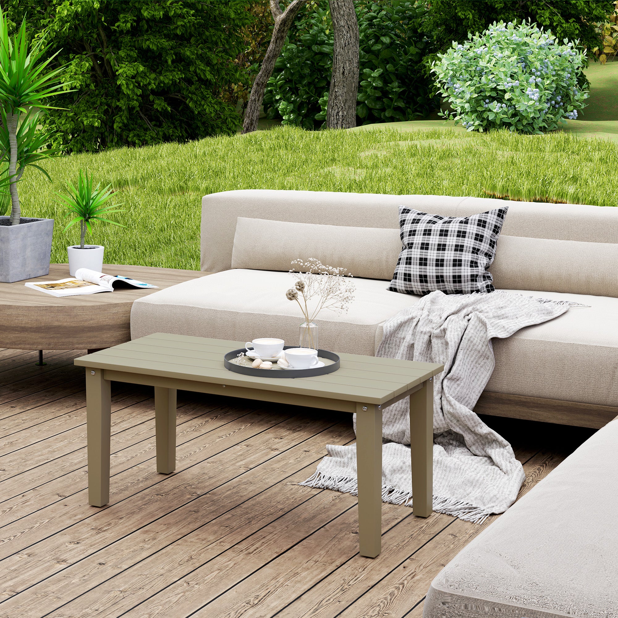 Rectangle Outdoor Coffee Table, HDPE All-Weather Outdoor Patio Table with Slatted Tabletop for Yard, Balcony, Brown