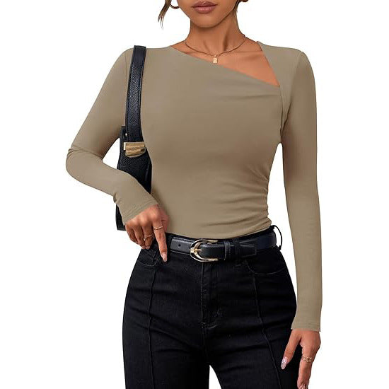 Women's Long-sleeved Diagonal Collar T-shirt