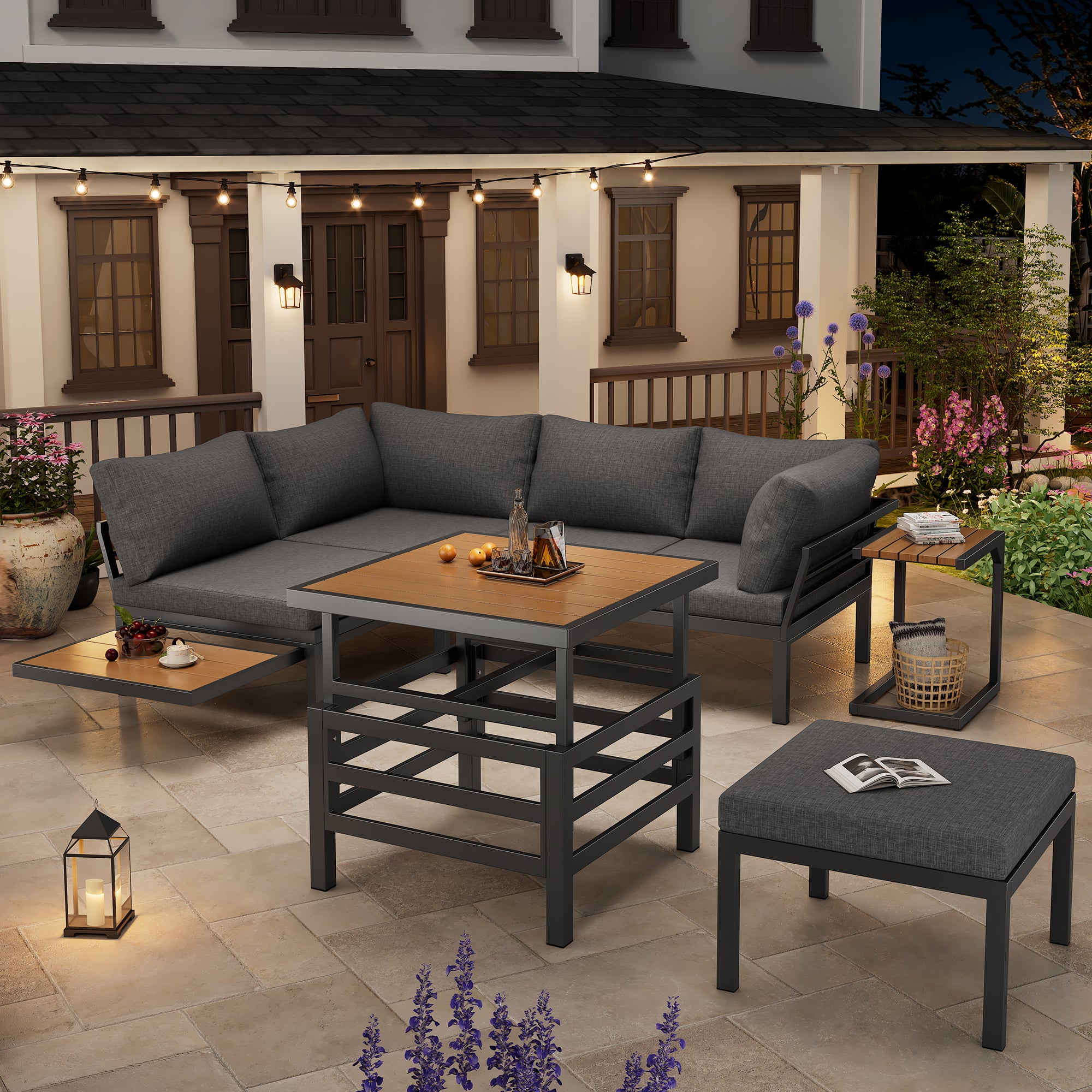 Outdoor Patio Furniture Set  2 Double Sofas  1 Ottoman , 1 Plastic Lift-Top Coffee Table, Galvanized Iron Frame, With Seat Cushions & Pillows, Includes Small Side Table With Extendable Tabletop