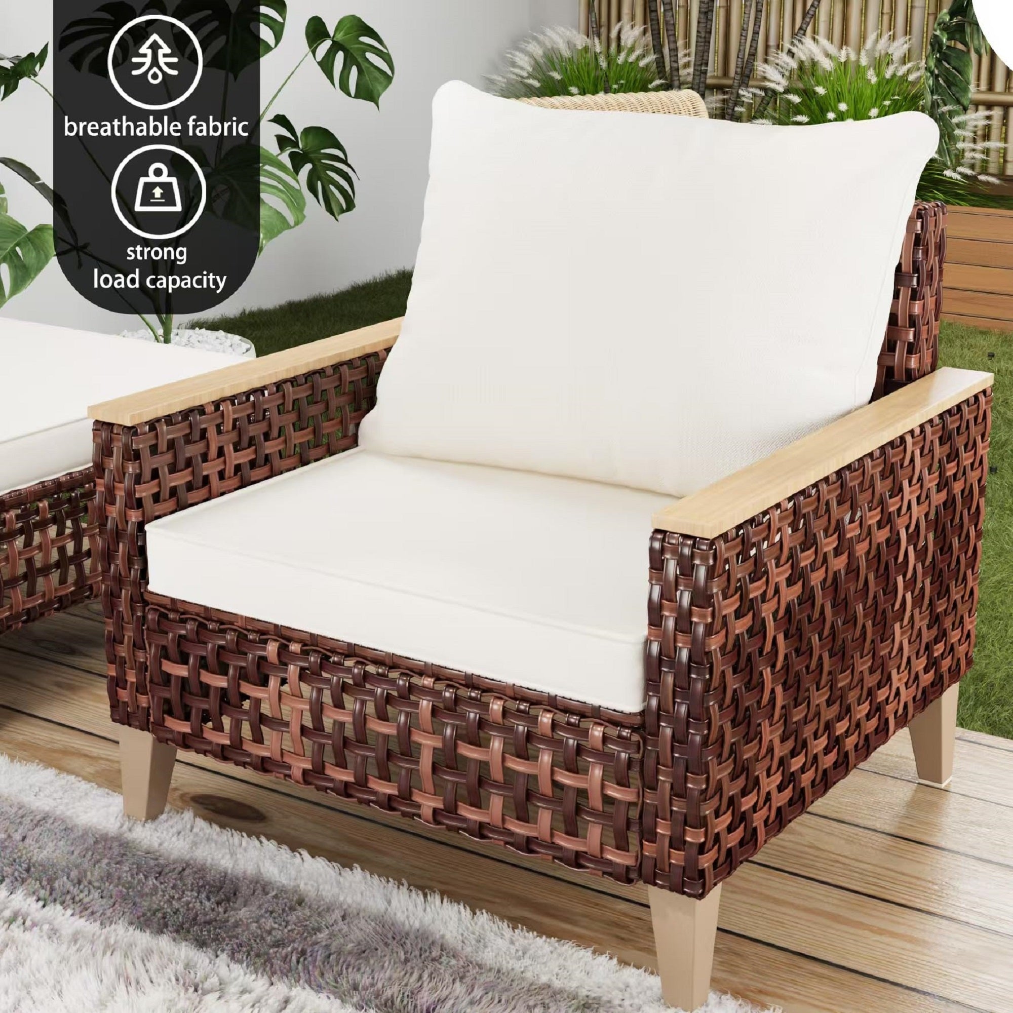 High Footed Hollowed Out Rattan Terrace Furniture Set, 5 Pieces, 7 Seats, Sofa Set With Cushion, 4-inch Thick Cushion, White