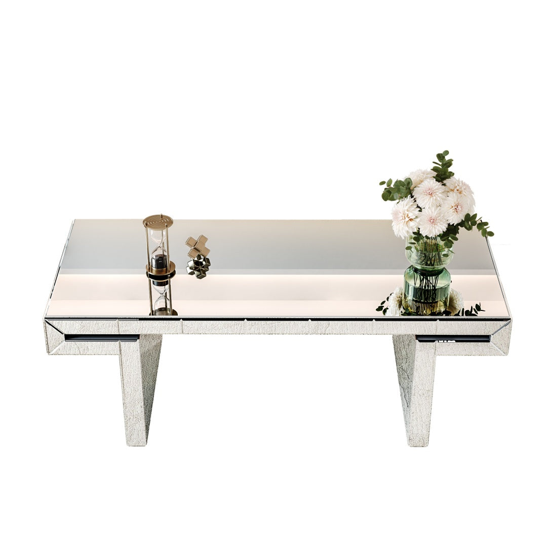 47 Inches Luxury Rectangular Mirror Coffee Table With Fluted Tempered Glass, Modern Sofa Side Table, Easy 2-Step Assembly, Light Luxury Style, Reinforced Packaging