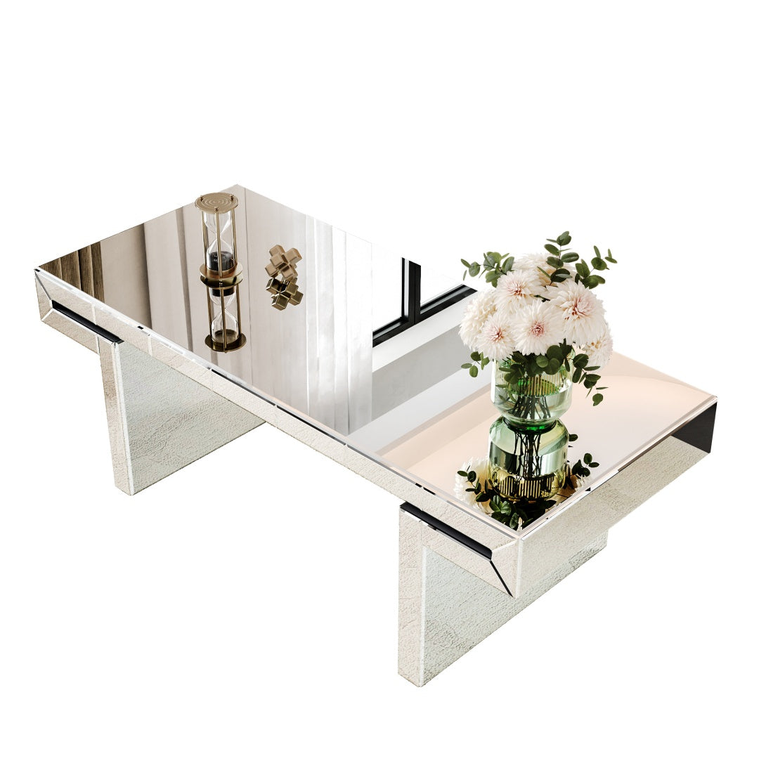 47 Inches Luxury Rectangular Mirror Coffee Table With Fluted Tempered Glass, Modern Sofa Side Table, Easy 2-Step Assembly, Light Luxury Style, Reinforced Packaging